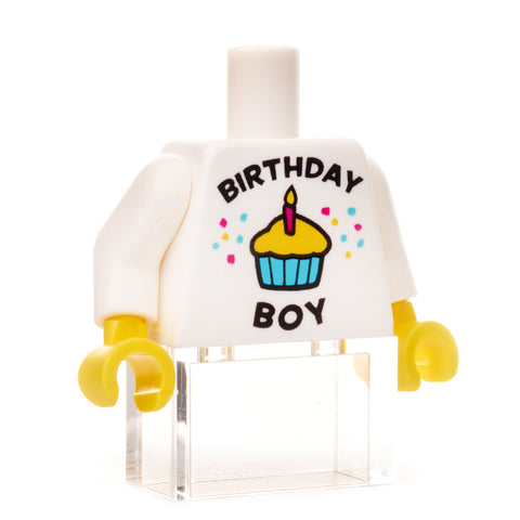 Custom birthday boy white t-shirt minifigure torso 